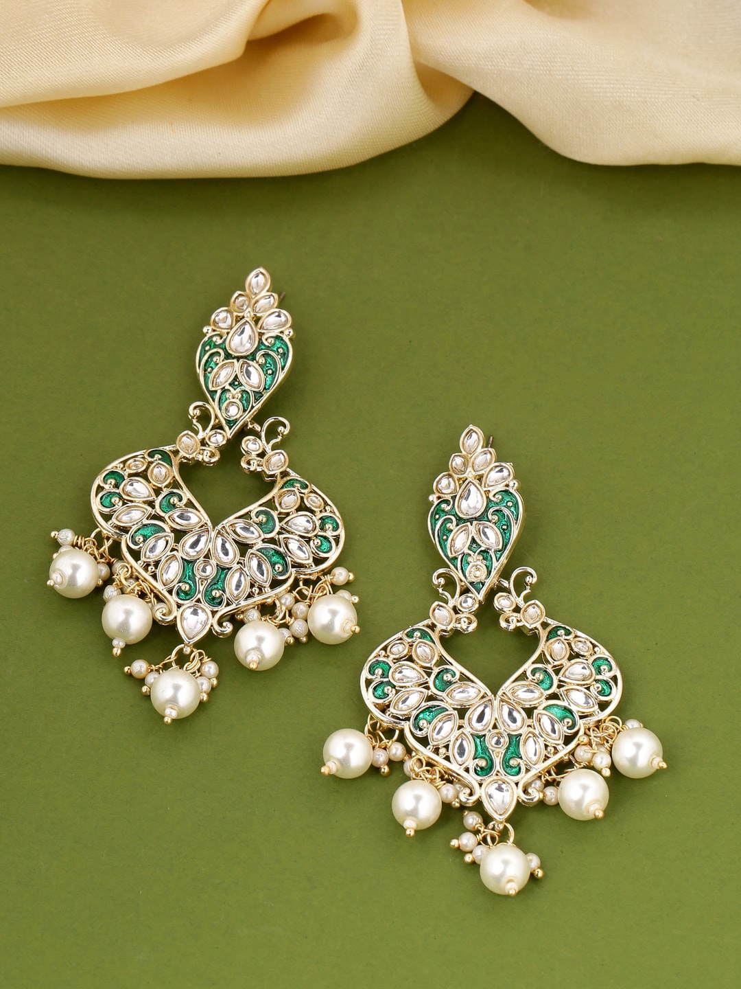 

Shoshaa Gold-Plated Green & White Kundan Studded Contemporary Drop Earrings