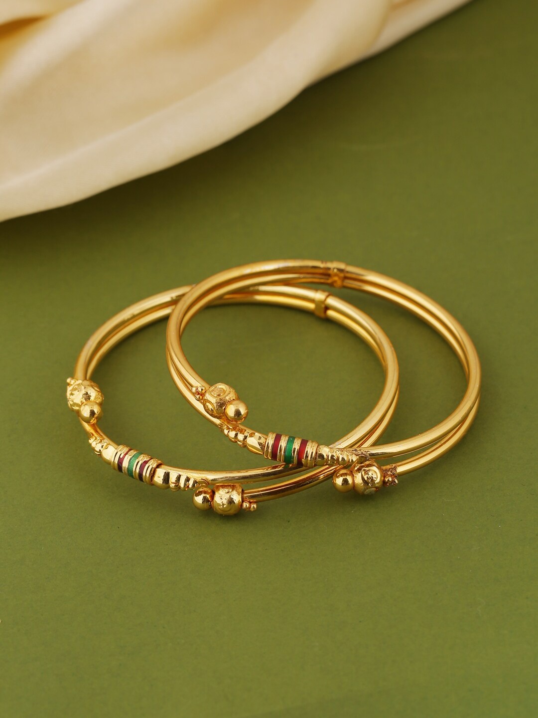 

Shoshaa Set Of 2 Gold-Plated Green & Red Handcrafted Bangles