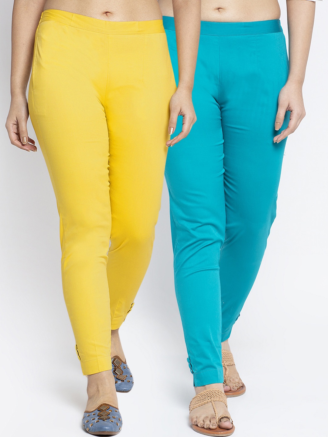 

GRACIT Women Pack Of 2 Yellow & Turquoise Blue Slim Fit Cigerette Trousers