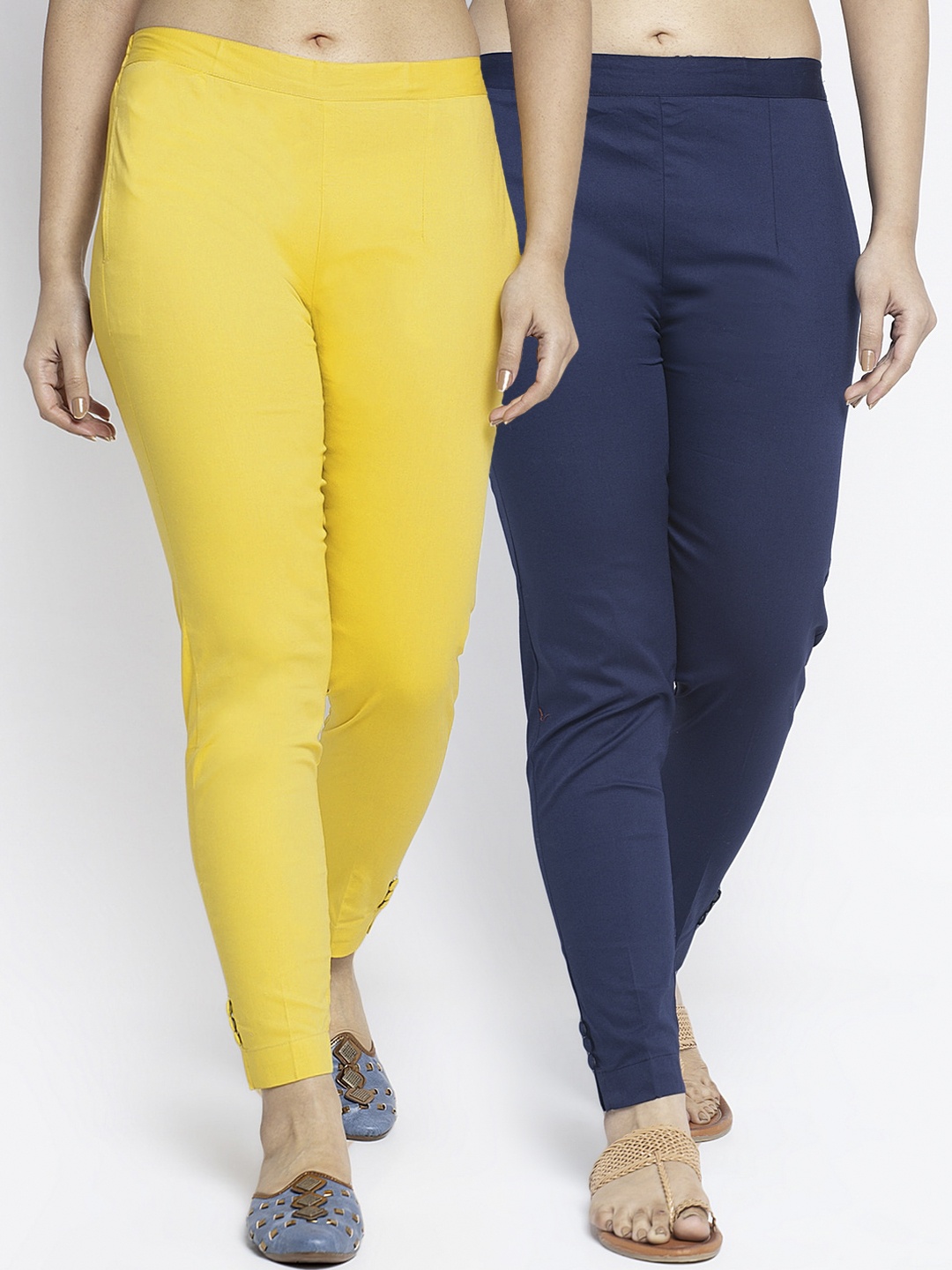 

GRACIT Women Pack Of 2 Yellow & Navy Blue Slim Fit Cigerette Trousers