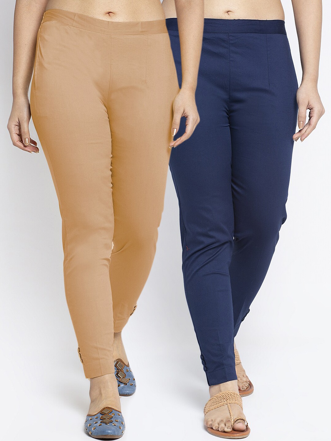 

GRACIT Women Pack of 2 Navy Blue & Beige Slim Fit Cigerette Trousers