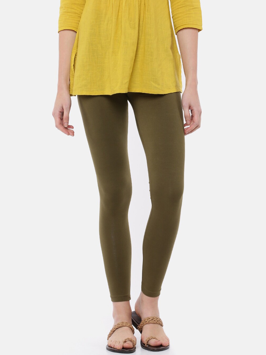 

De Moza Women Olive Green Solid Cotton Ankle-Length Leggings