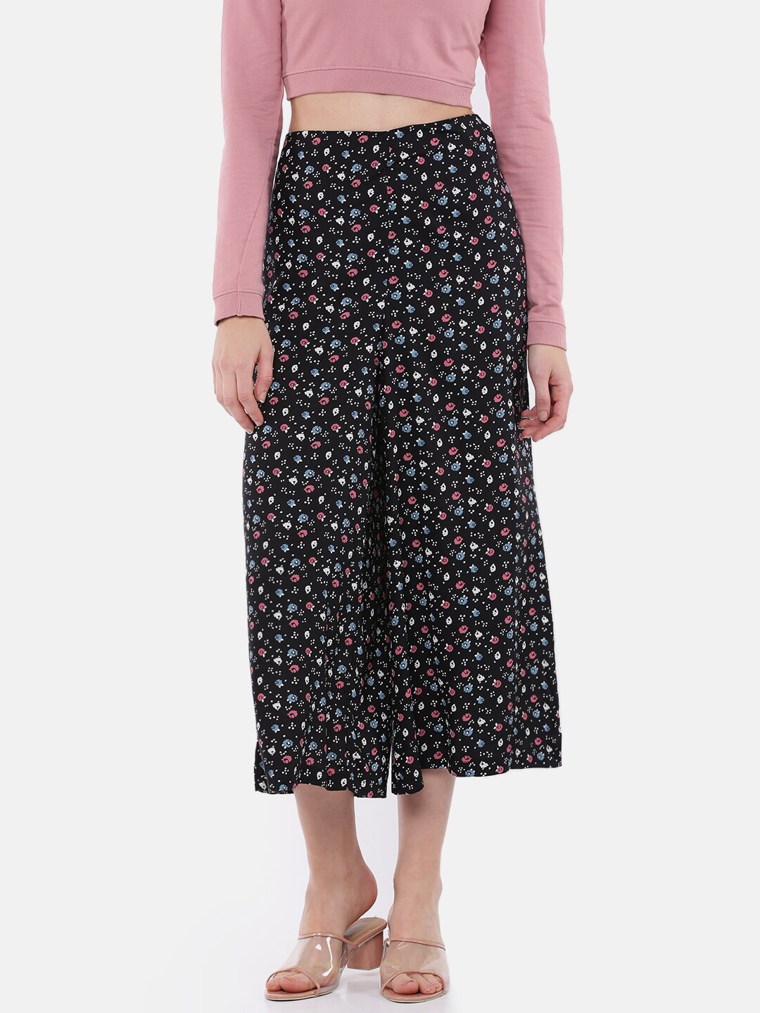 

De Moza Women Black & Blue Floral Printed Flared Cropped Palazzos