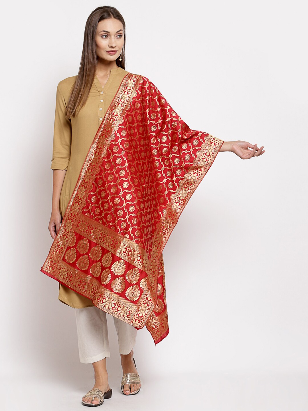 

Myshka Red & Gold-Toned Ethnic Motifs Woven Design Dupatta With Zari