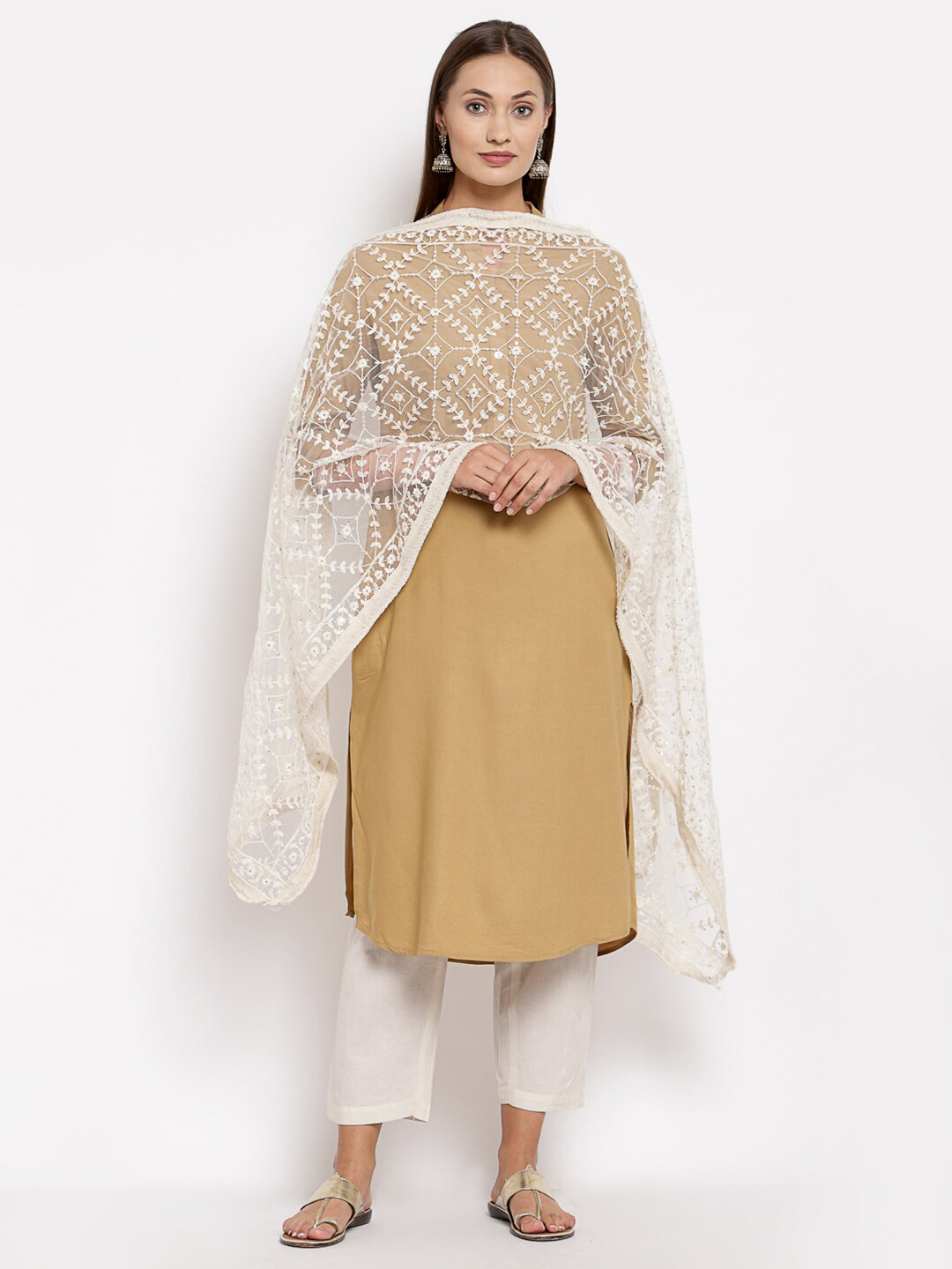 

Myshka White Embroidered Dupatta with Sequinned