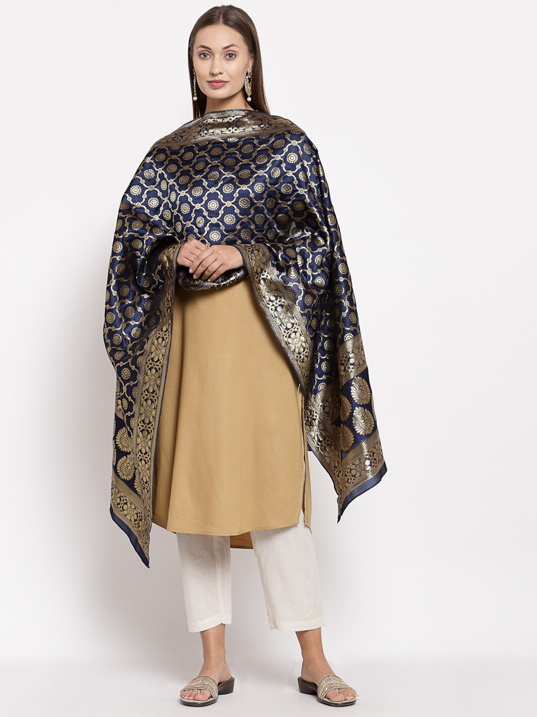 

Myshka Navy Blue & Gold-Toned Ethnic Motifs Printed Dupatta