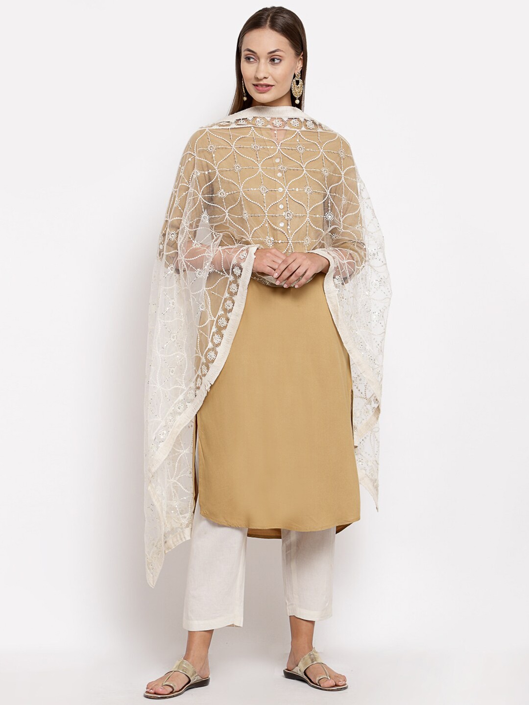 

Myshka White & Silver-Toned Embroidered Dupatta with Sequinned