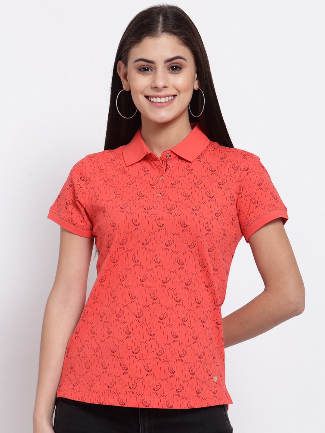 

Juelle Women Coral Printed Polo Collar T-shirt