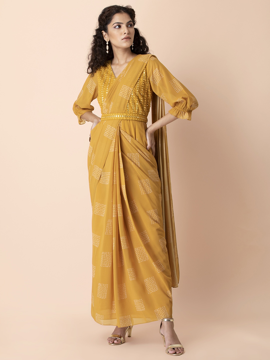 

INDYA X Shraddha Kapoor Yellow & White Bandhej Mirror Work Saree Tunic