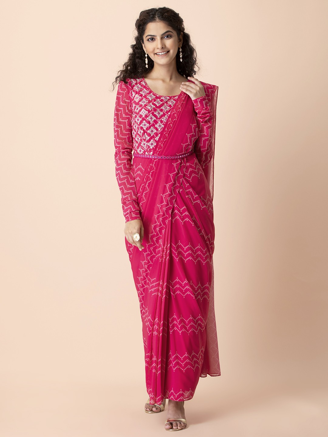 

INDYA X Shraddha Kapoor Pink & Silver-Toned Floral Embroidered Yoke Saree Tunic