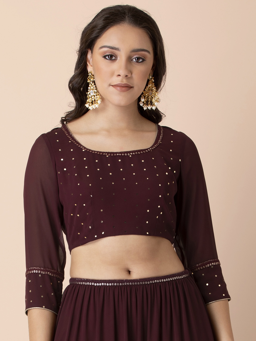 

INDYA X Shraddha Kapoor Maroon Embellished Polka Foil Crop Top