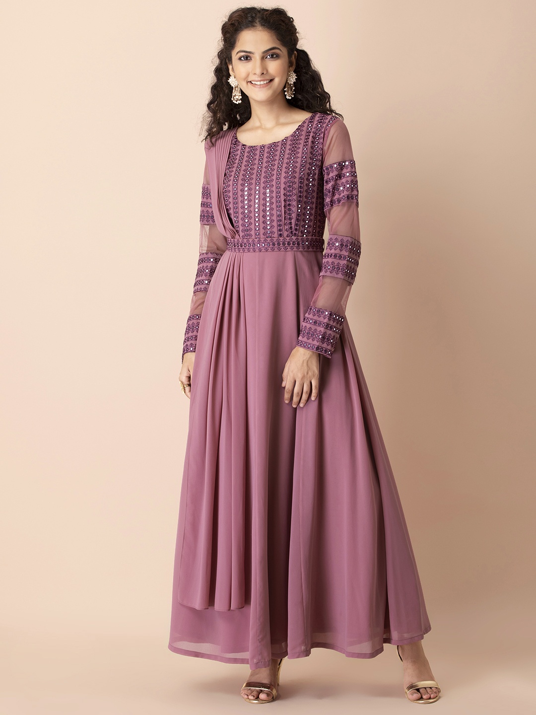 INDYA Mauve Mirror Embroidered Georgette Ethnic Maxi Dress with Attached Dupatta