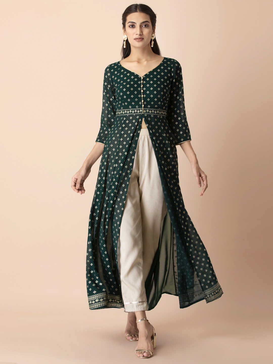 

INDYA X Shraddha Kapoor Green Ethnic Motifs Georgette Ethnic Maxi Dress