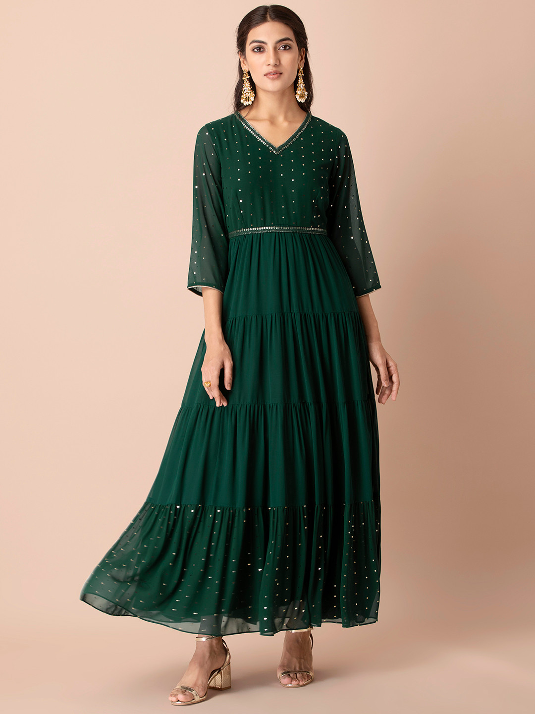 

INDYA X Shraddha Kapoor Green Georgette Ethnic Maxi Dress