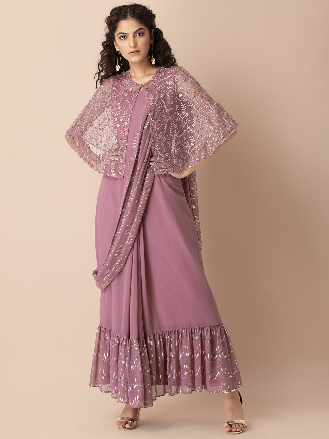 

INDYA X Shraddha Kapoor Pink & Gold-Toned Beads & Stones Ready to Wear Embroidered Cape Saree Tunic