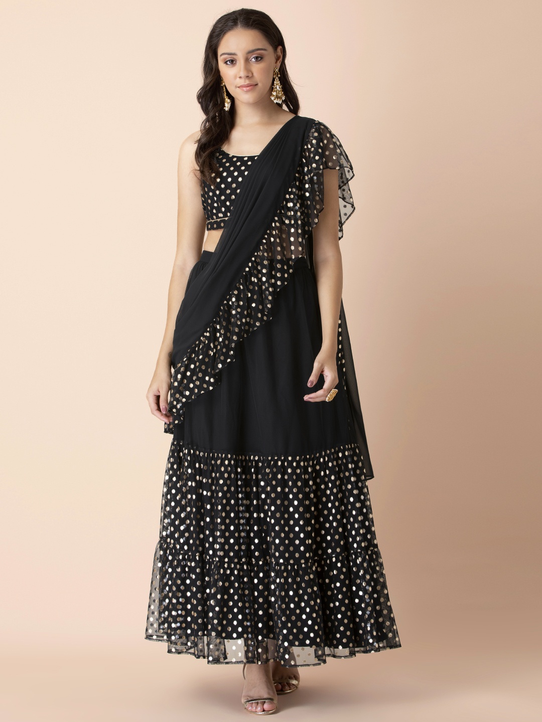 

INDYA X Shraddha Kapoor Women Black & Gold Coloured Printed Foil Skirt with Attached Dupatta