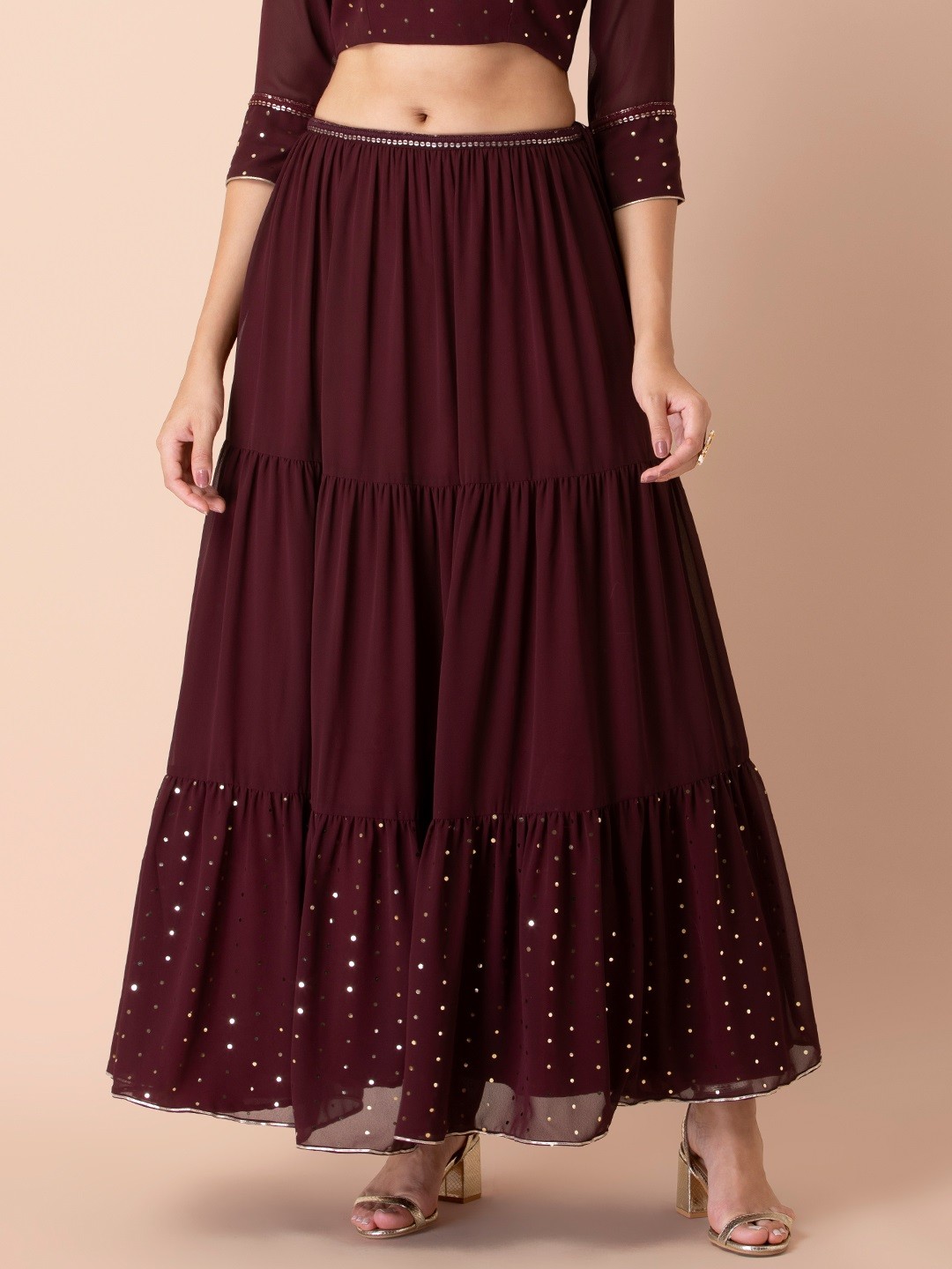 

INDYA X Shraddha Kapoor Women Maroon Embellished Flared Maxi Skirt