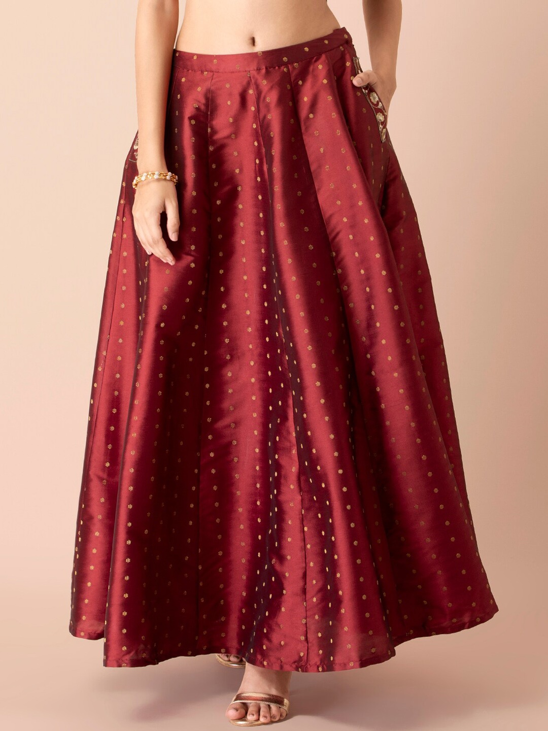 

INDYA X Shraddha Kapoor Women Maroon Printed Maxi-Length Flared Skirt