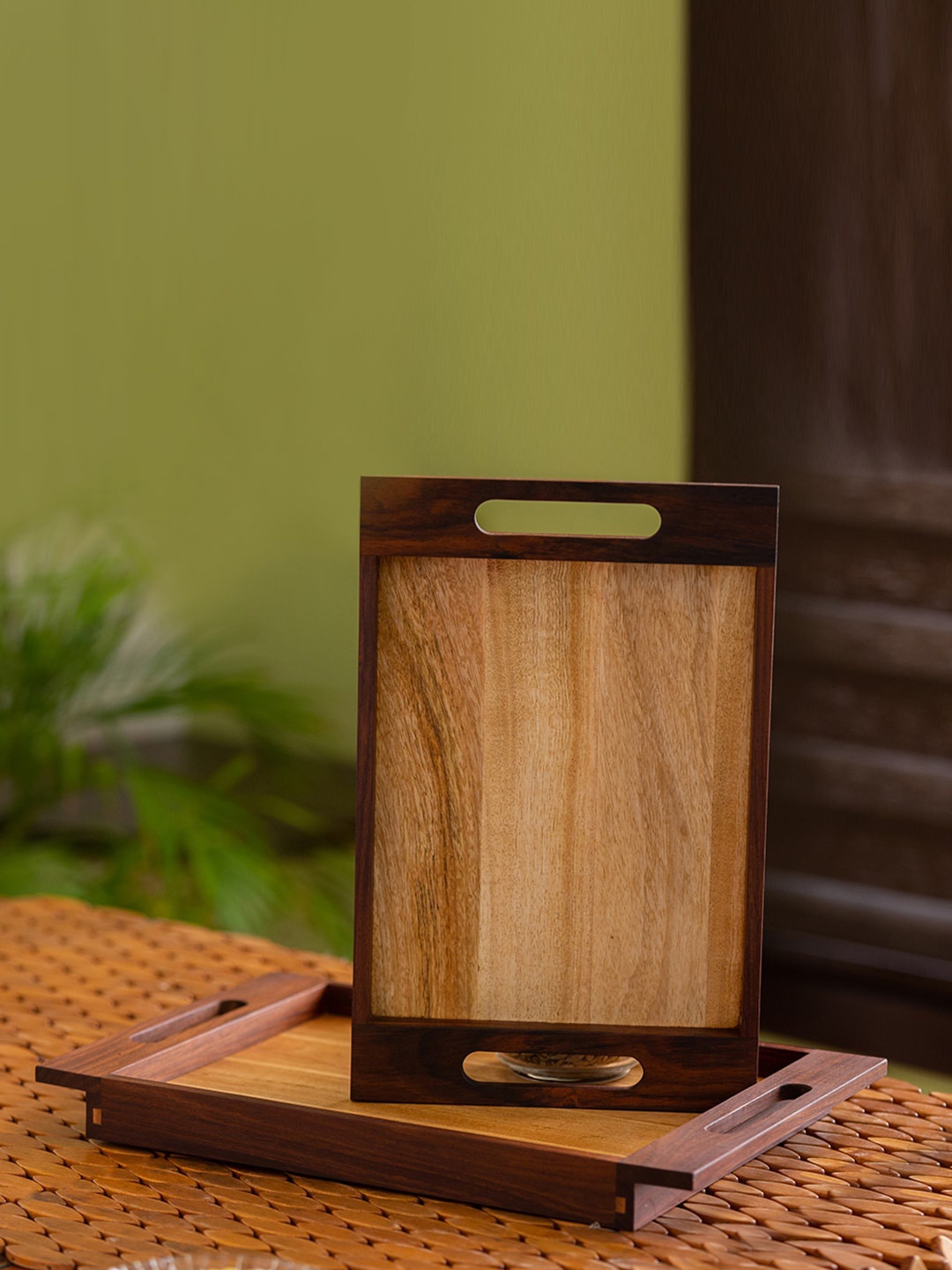 

ExclusiveLane Set Of 2 Brown Solid Handcrafted Wooden Serving Trays