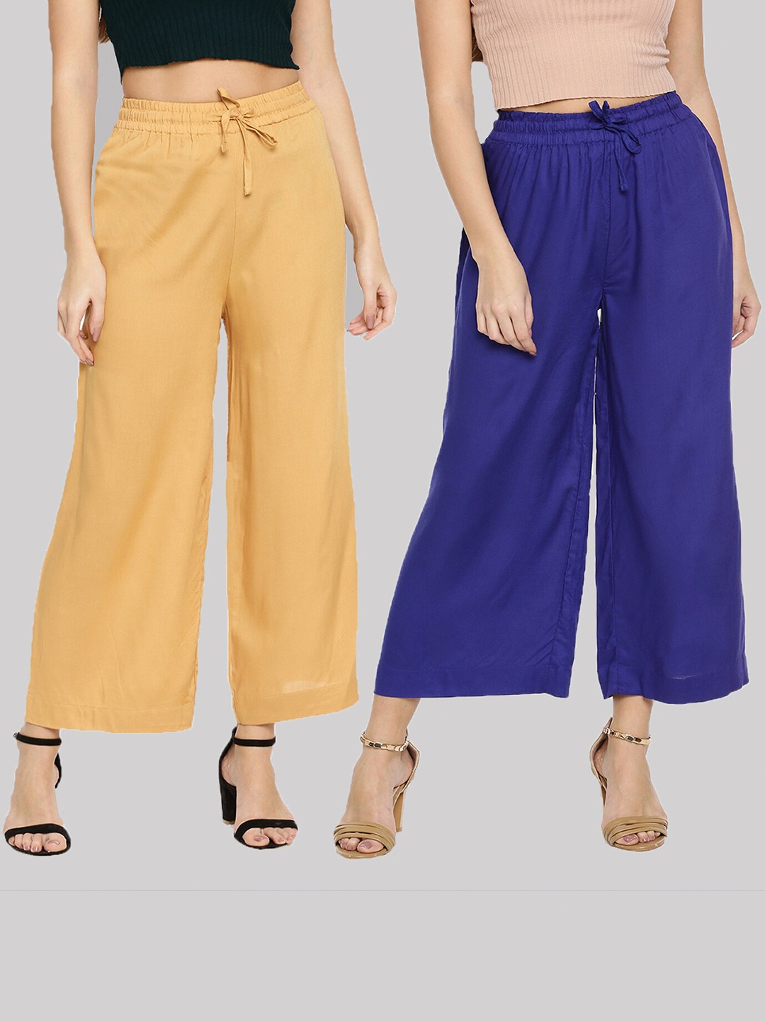 

TWIN BIRDS Women Set of 2 Mustard & Blue Solid Palazzos