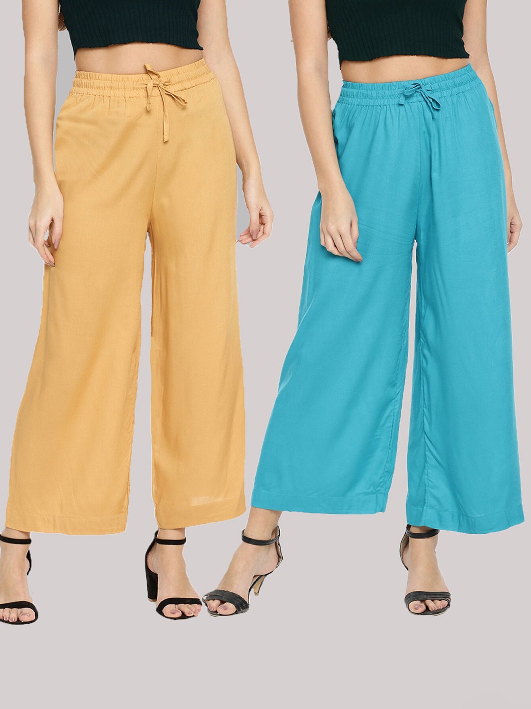 

TWIN BIRDS Women Mustard Yellow & Blue Pack of 2 Knitted Palazzos