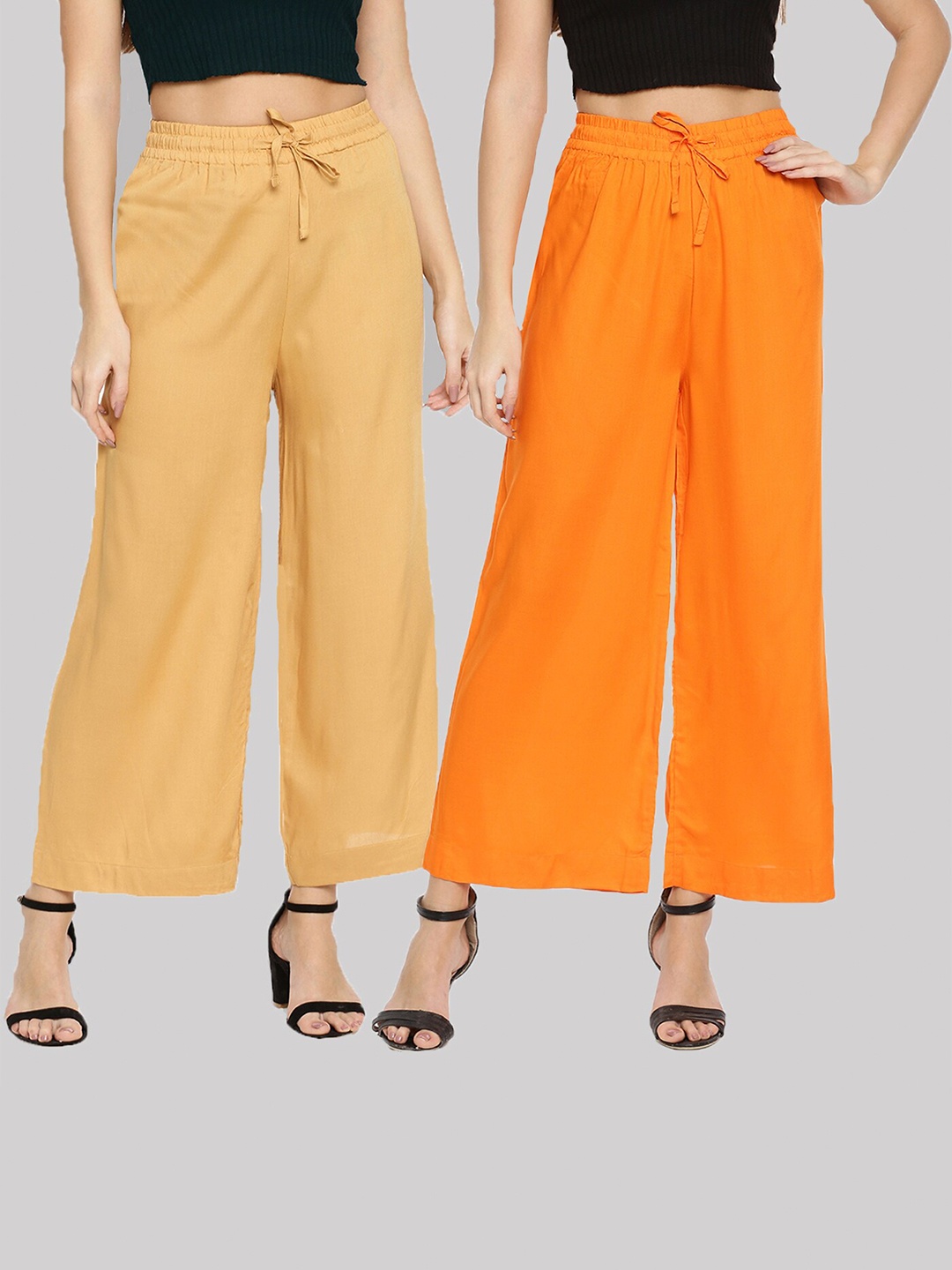 

TWIN BIRDS Women Pack Of 2 Mustard & Orange Solid Wide Leg Palazzos