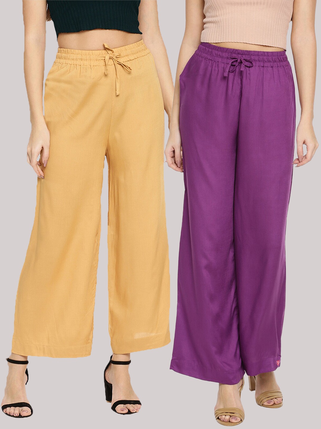 

TWIN BIRDS Women Mustard Yellow & Violet Pack of 2 Knitted Palazzos