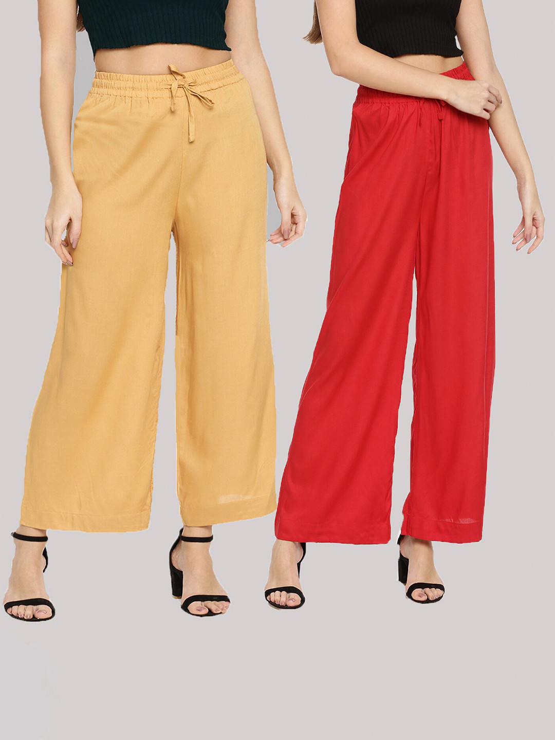 

TWIN BIRDS Women Mustard Yellow & Red 2 Knitted Palazzos