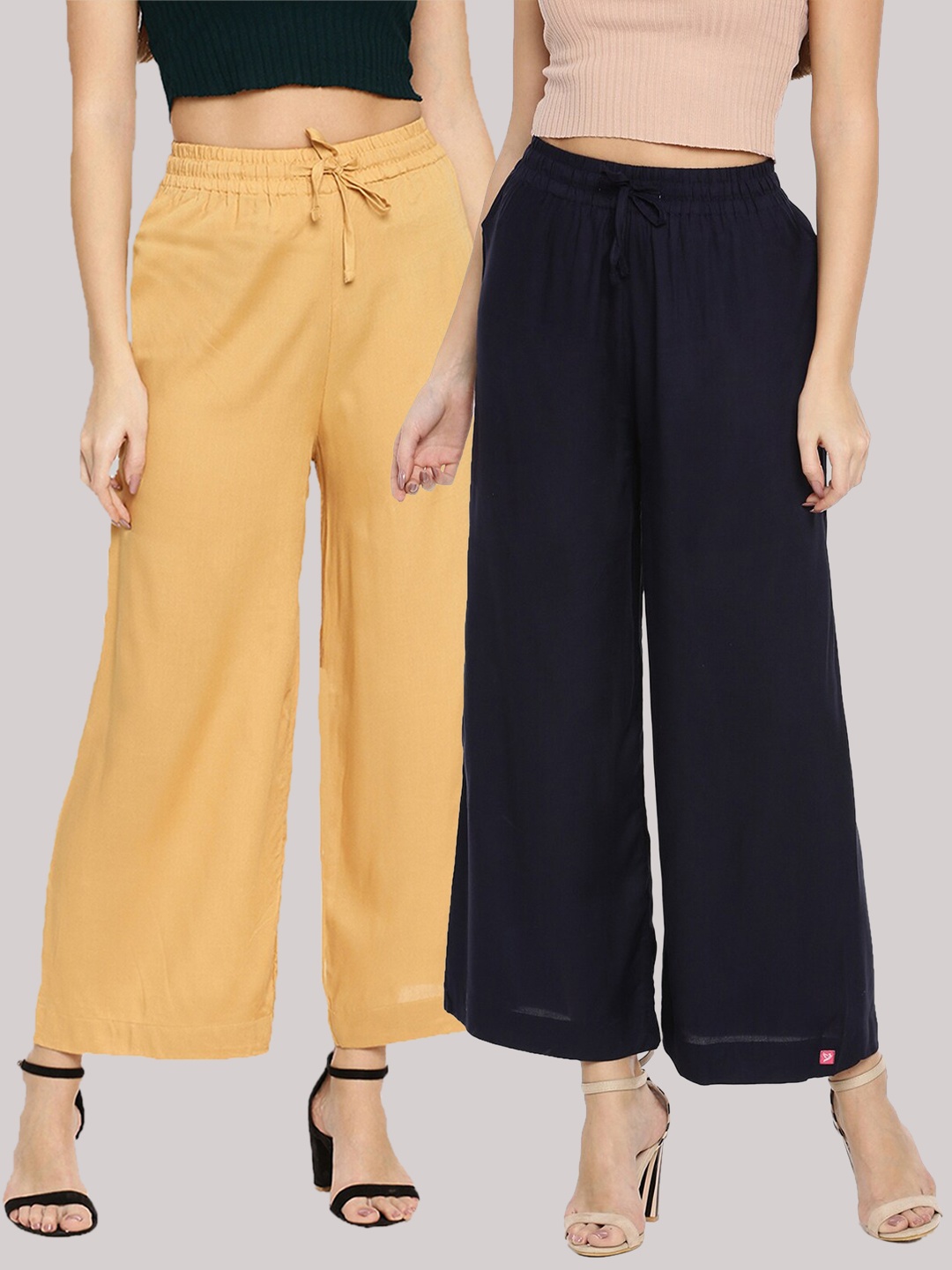 

TWIN BIRDS Women Mustard & Navy Blue Palazzos Pack of 2