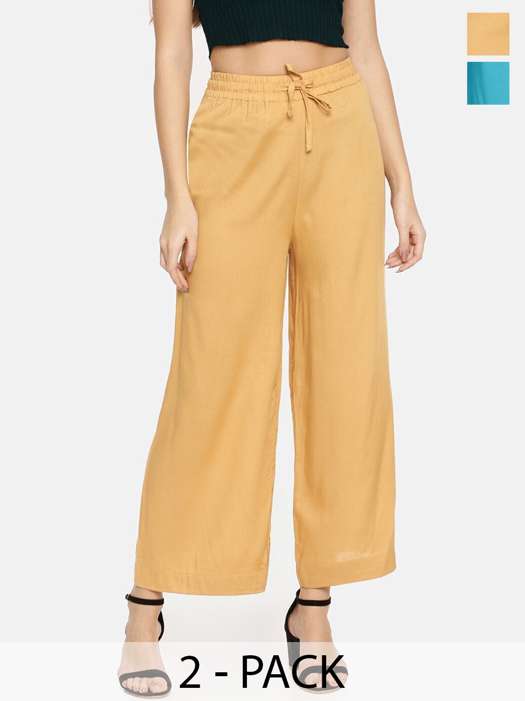 

TWIN BIRDS Pack Of 2 Knitted Wide Leg Palazzos, Mustard