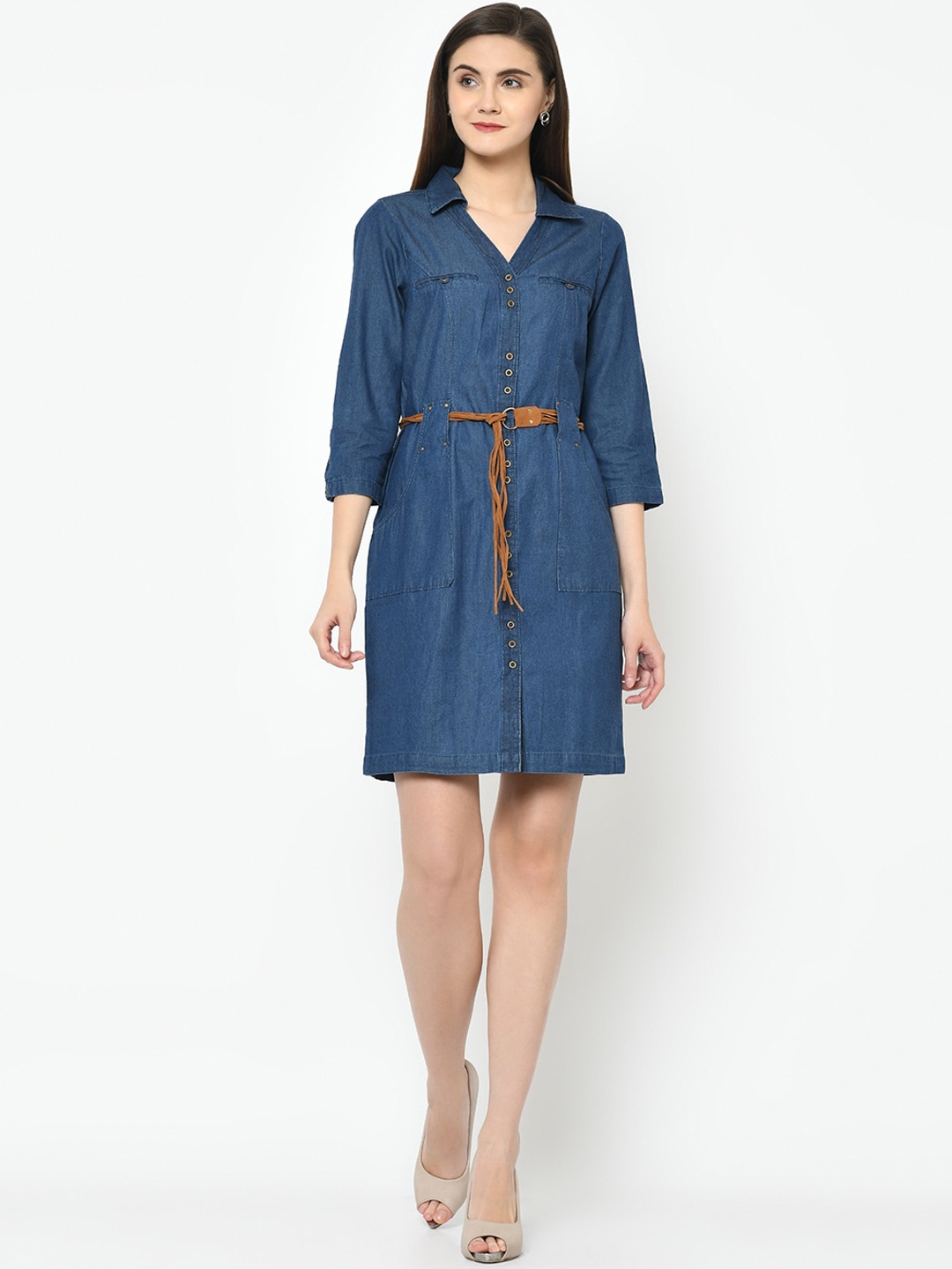 

Latin Quarters Women Blue Denim Soild Shirt Dress with Belt