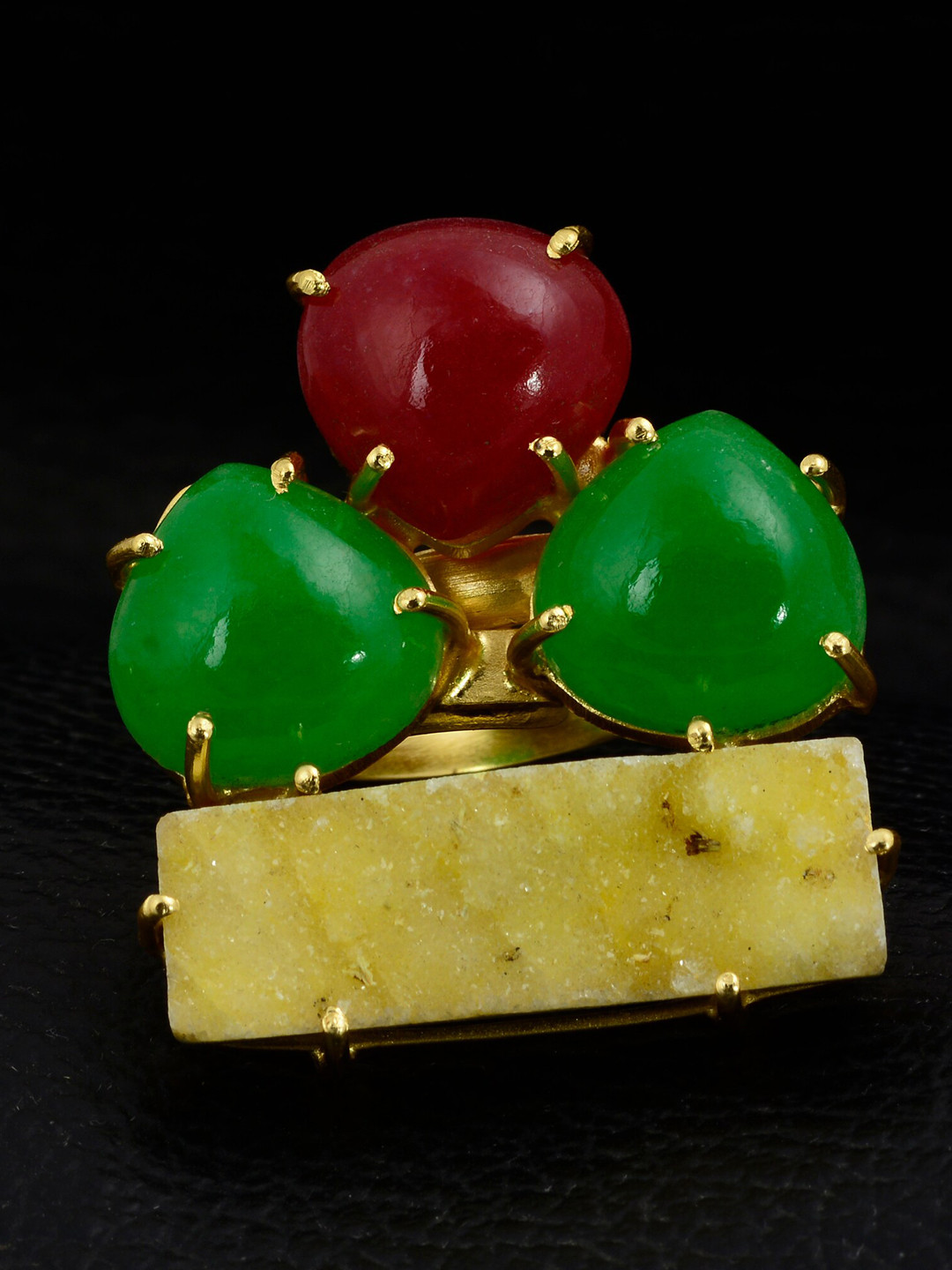 

Silgo Gold-Plated Green & Red Stone-Studded Finger Ring