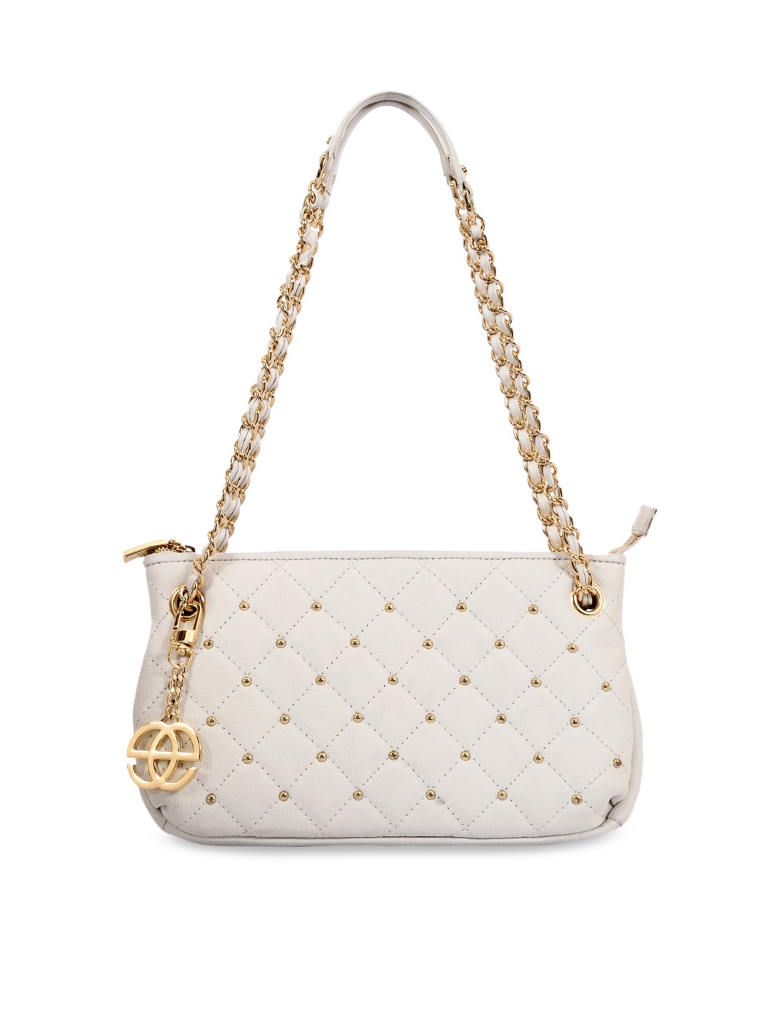 

Eske White & Gold-Toned Embellished Leather Structured Handheld Bag with Quilted