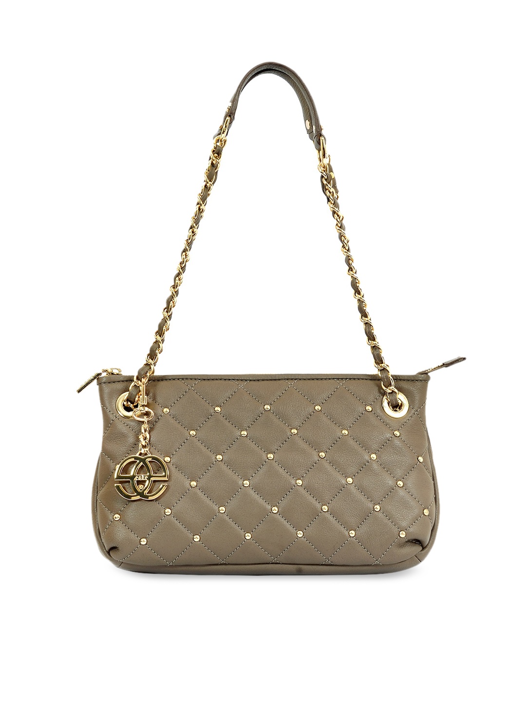 

Eske Taupe Embellished Leather Structured Shoulder Bag with Quilted