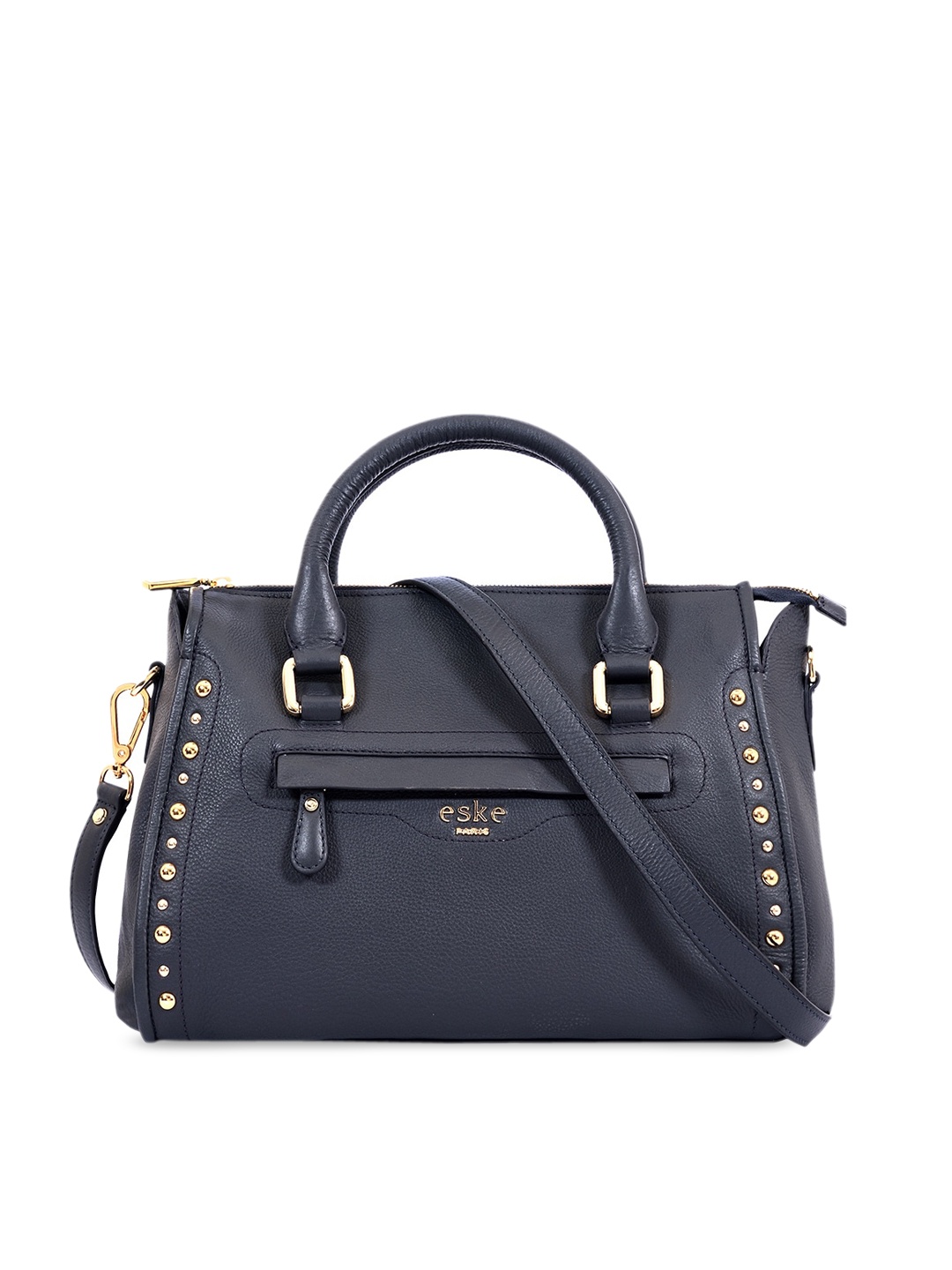 

Eske Navy Blue Embellished Leather Structured Handheld Bag with Detachable Sling Strap
