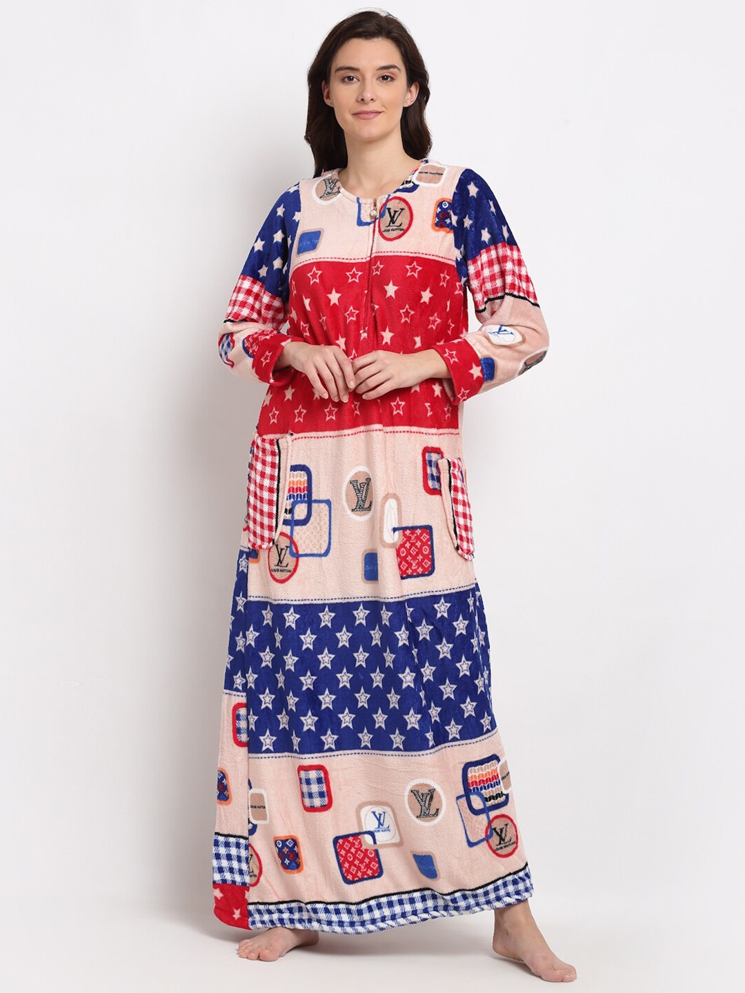 

NEUDIS Pink & Blue Printed Maxi Fleece Nightdress