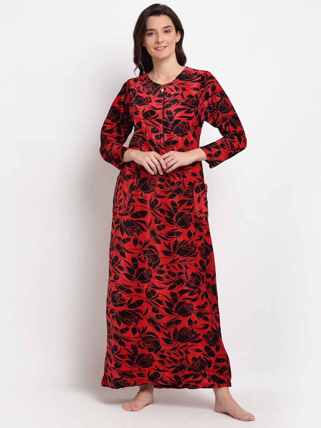 

NEUDIS Red & Black Printed Maxi Fleece Nightdress