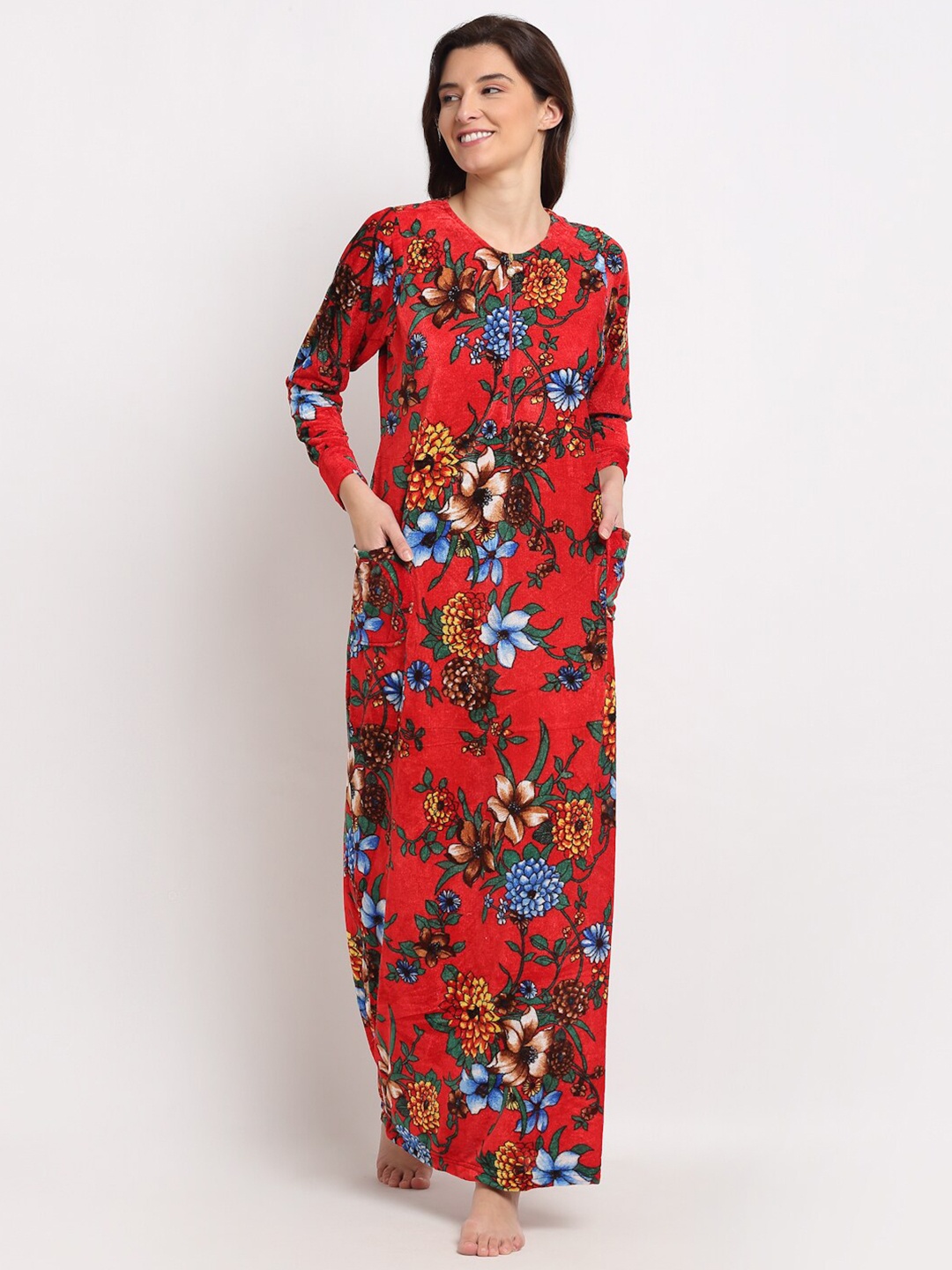 

NEUDIS Women Red Floral Printed Fleece Night Gown