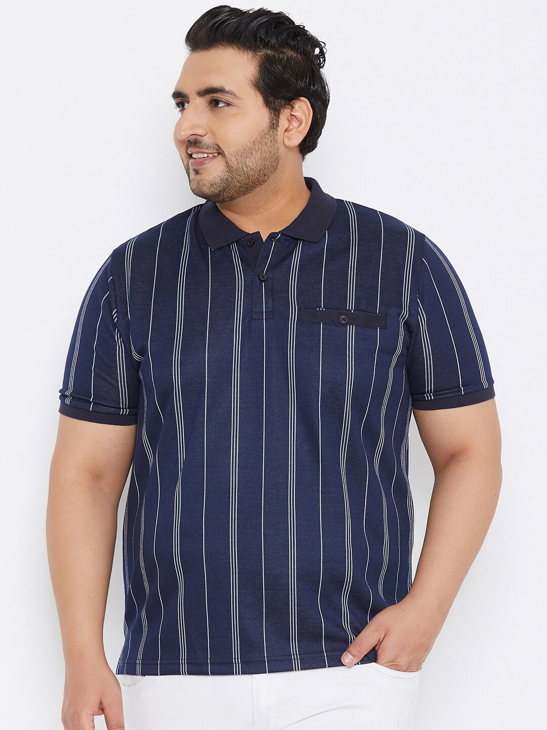 

AUSTIVO Men Blue & White Striped Pocket Polo Collar T-shirt