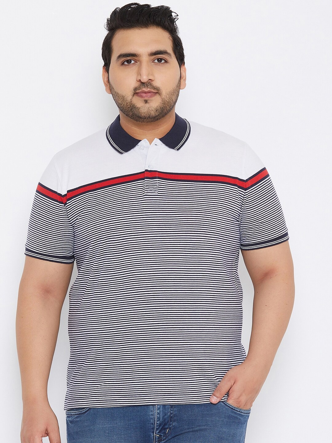 

AUSTIVO Men White & Black Striped Polo Collar T-shirt