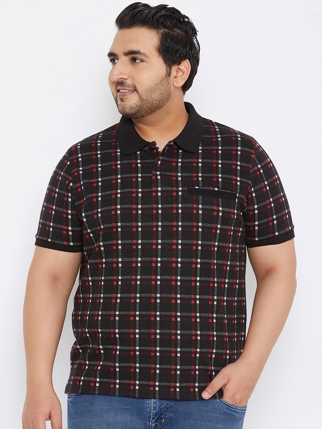 

AUSTIVO Men Black Checked Polo Collar Pockets T-shirt