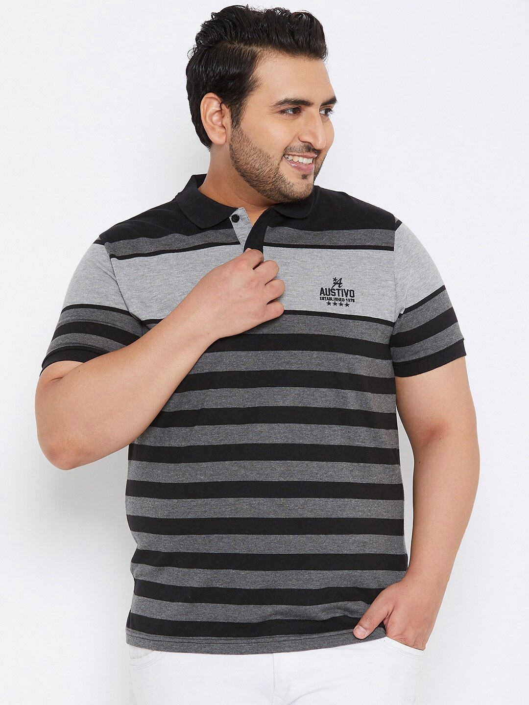 

AUSTIVO Men Black & Grey Striped Polo Collar T-shirt