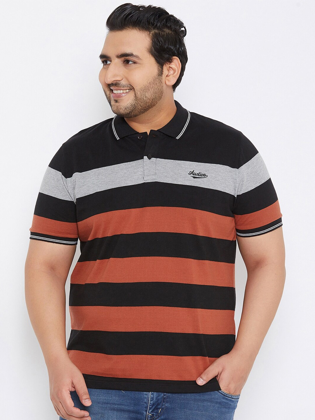 

AUSTIVO Men Black & Orange Striped Polo Collar T-shirt