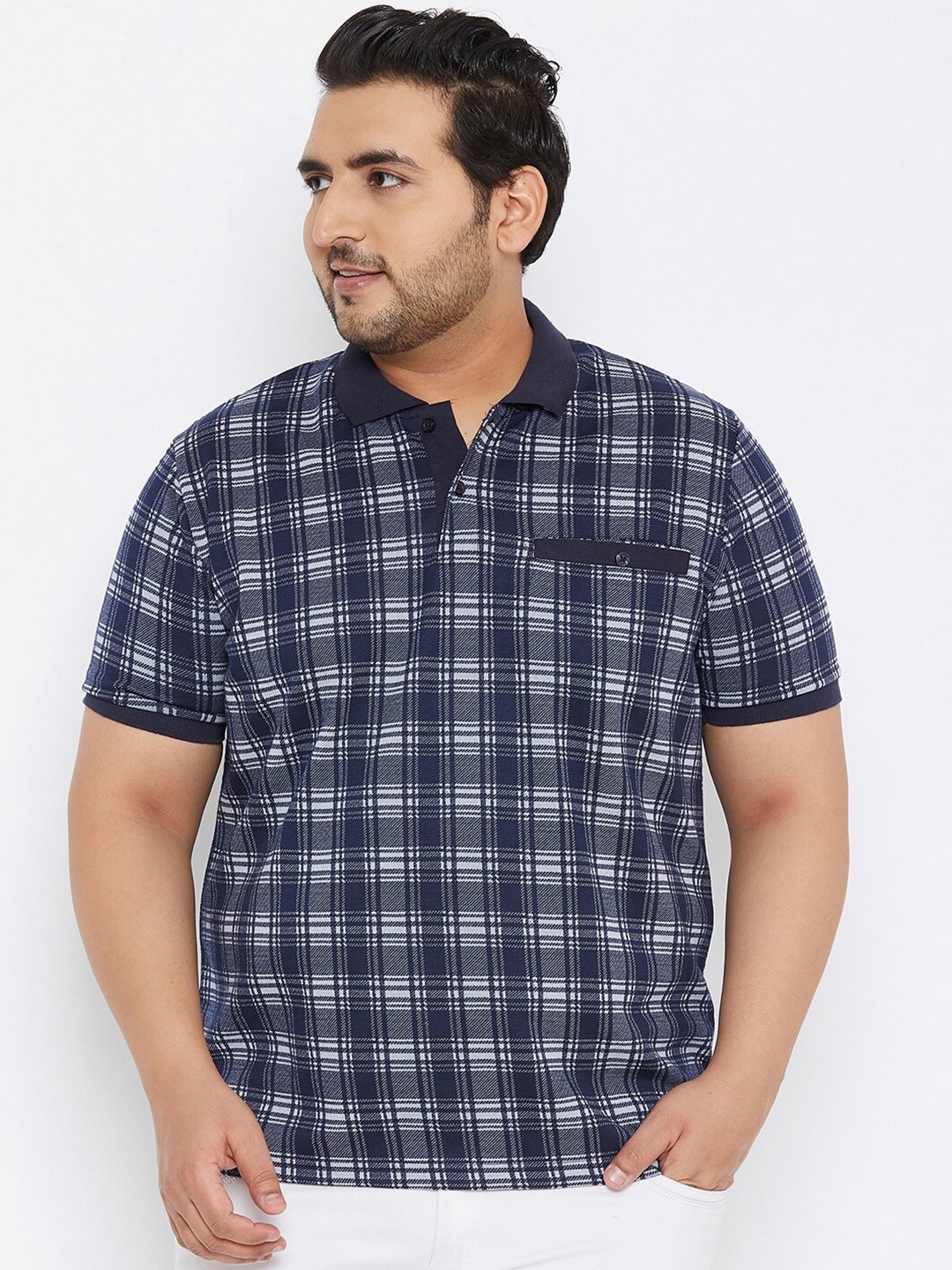 

AUSTIVO Men Blue & White Checked Polo Collar T-shirt