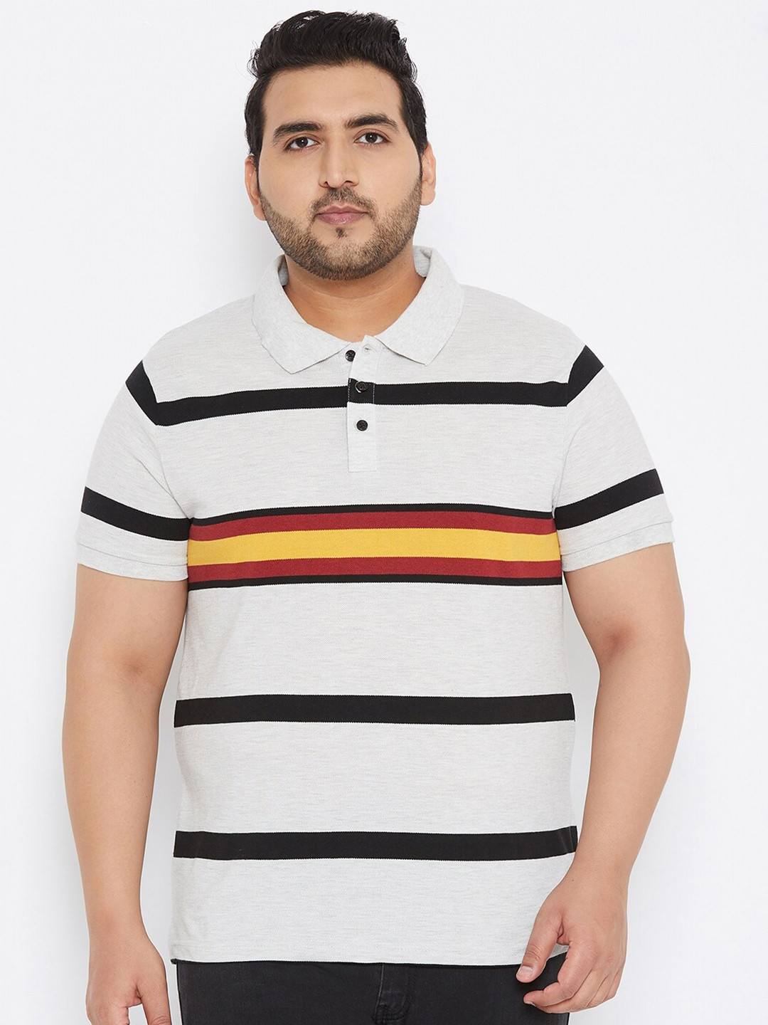 

AUSTIVO Men White & Black Striped Polo Collar T-shirt