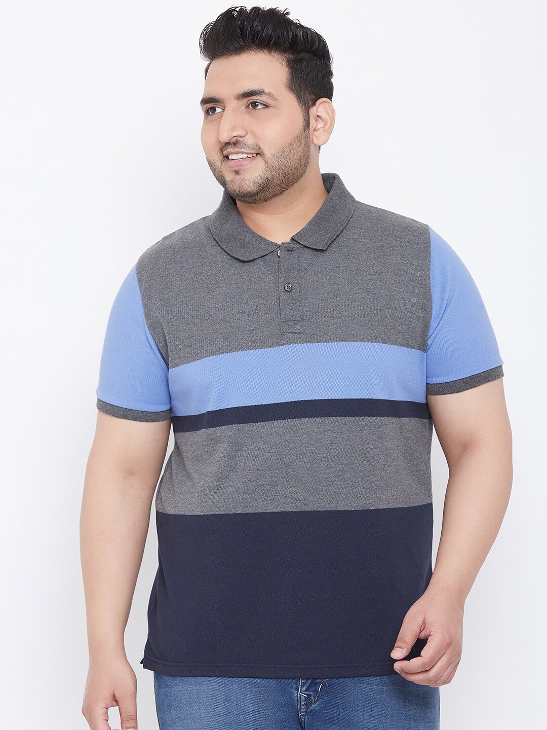 

AUSTIVO Men Blue & Grey Colourblocked Polo Collar T-shirt