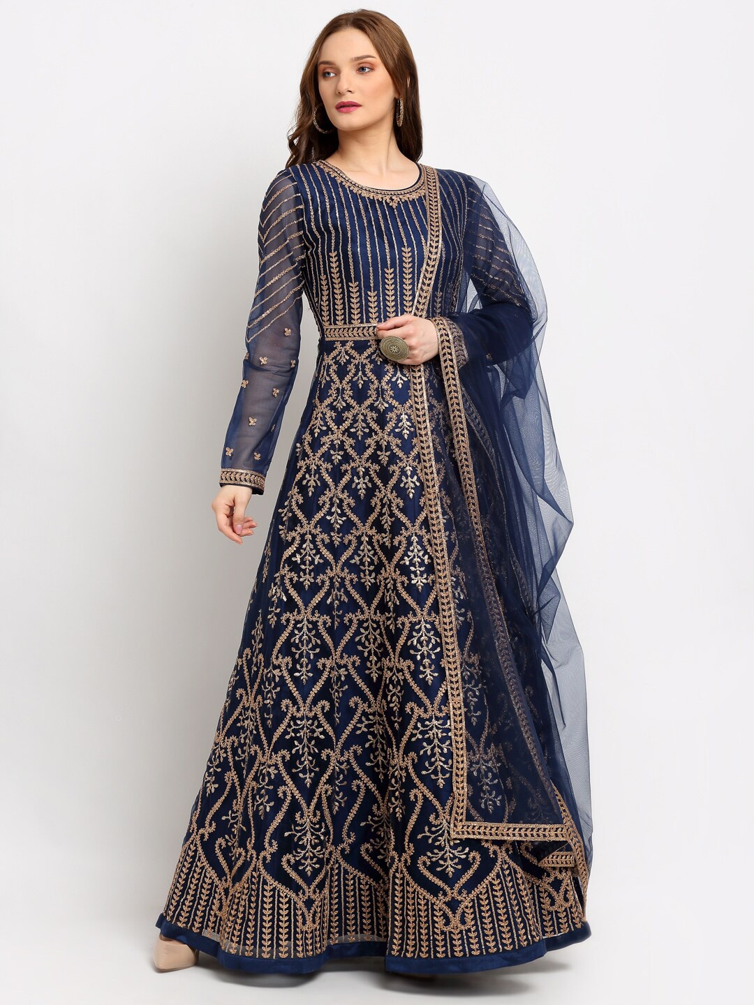 

Stylee LIFESTYLE Navy Blue & Gold-Toned Embroidered Semi-Stitched Dress Material