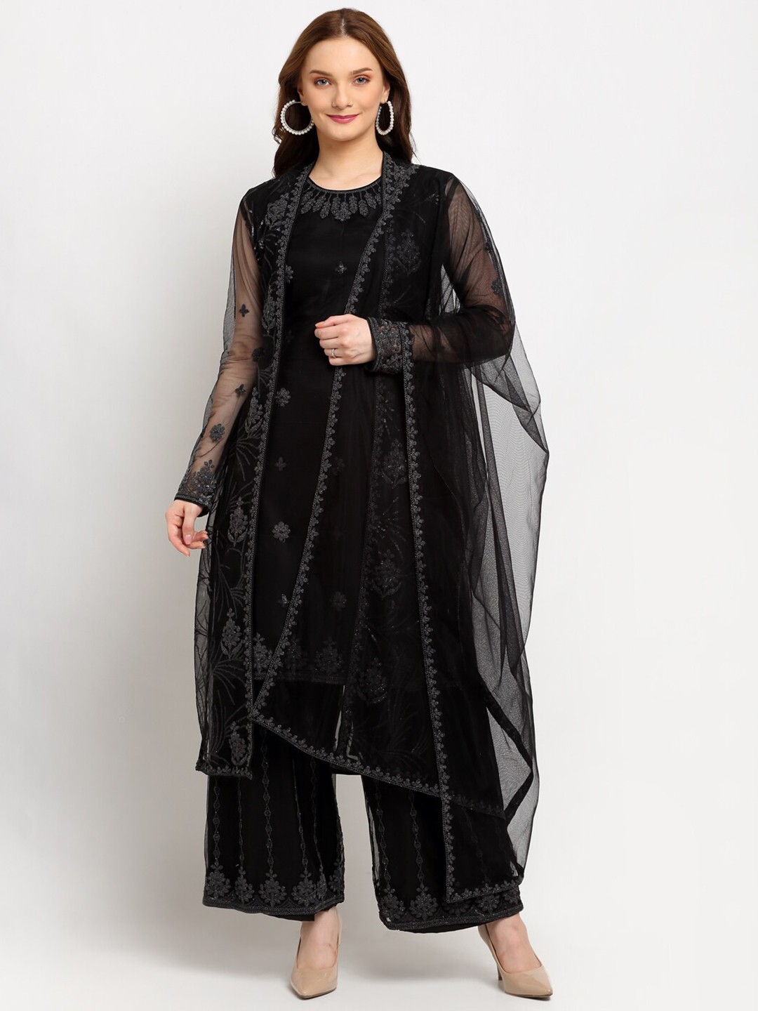 

Stylee LIFESTYLE Black & Silver-Toned Embroidered Semi-Stitched Net Dress Material