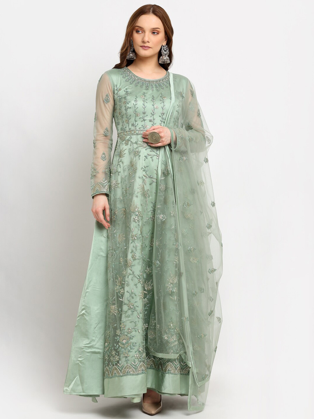

Stylee LIFESTYLE Sea Green Embroidered Semi-Stitched Net Dress Material