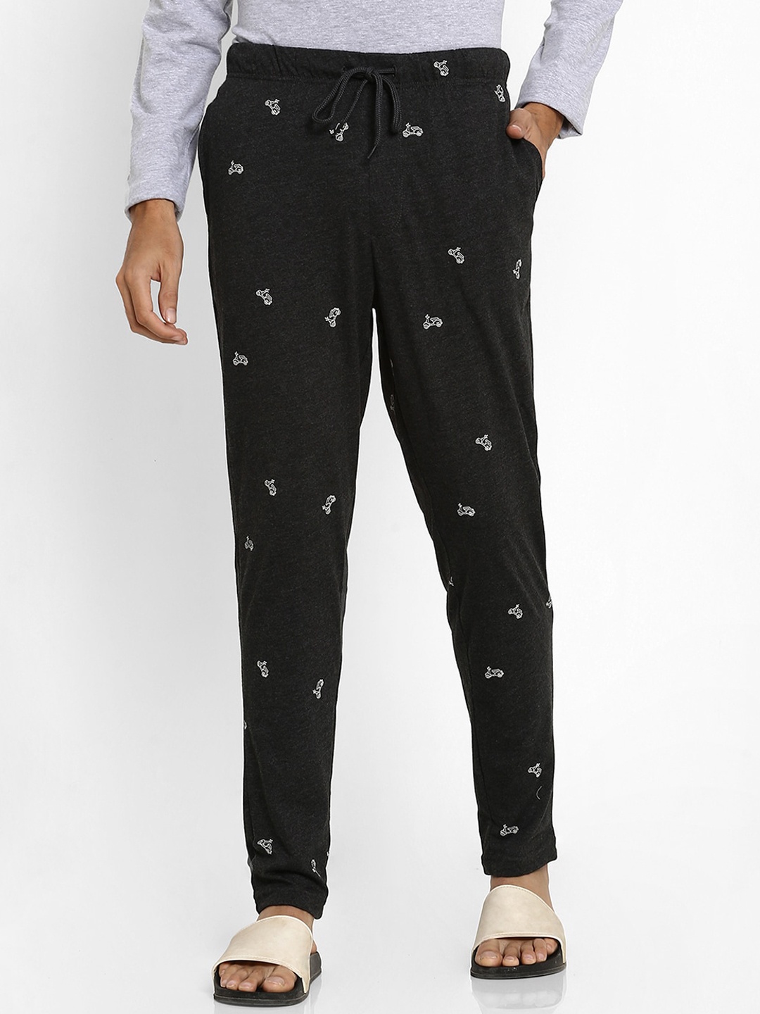 

Ajile by Pantaloons Men Grey Melange & White Printed Pure Cotton Lounge Pants